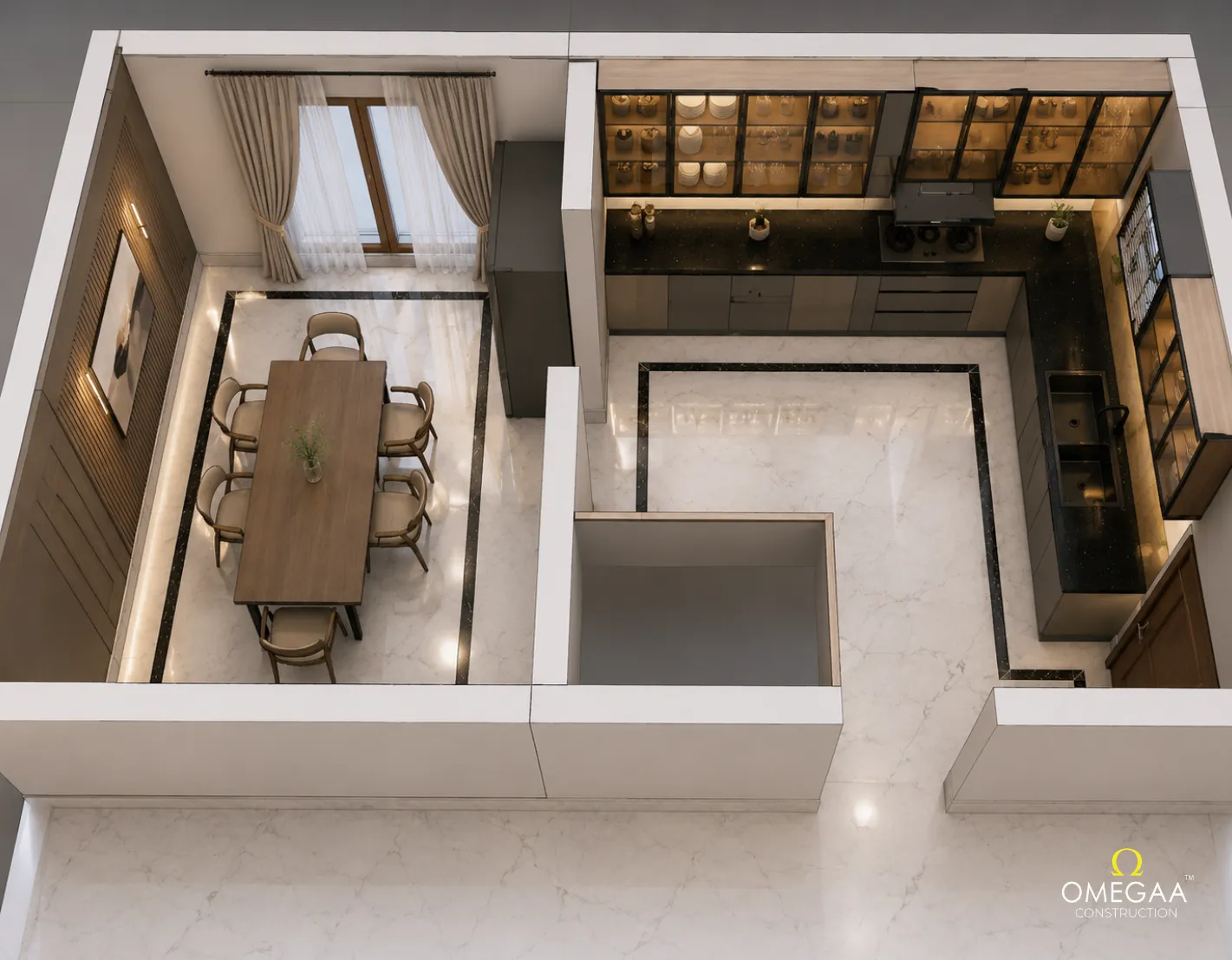 Kitchen top view 3D rendered visualization